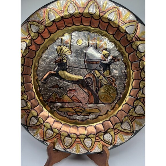Vintage Egyptian Brass Wall Decor Plate King Ramses on a Chariot 11.5" - Picture 2 of 12